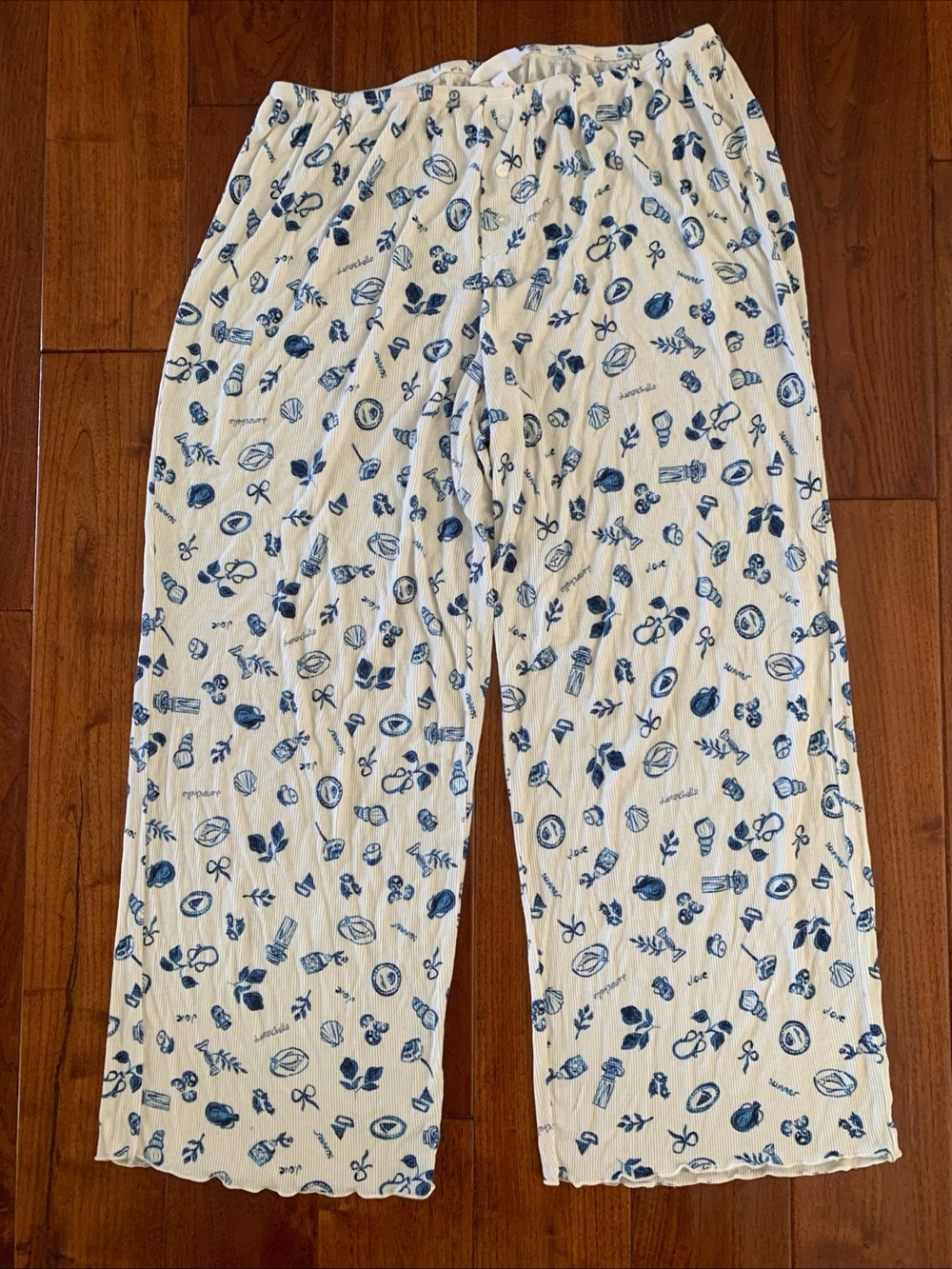 Colsie Lounge Pants Size M White Blue Coastal Tuscan Cottagecore Wide Leg Ribbed